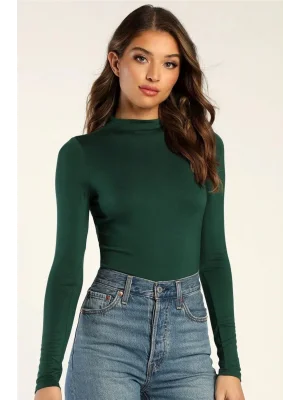 Kadın Uzun Kol Yeşil Ipek Jarse Bodysuit