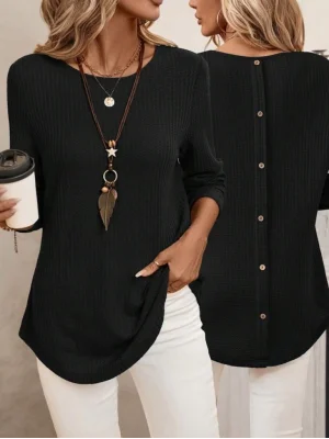 MetuCa Kadın Siyah Uzun Kollu Sırtı Düğmeli Bisiklet Yaka Waffle Kumaş Bluz Tunik