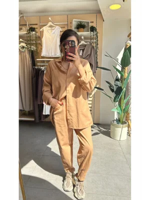 MetuCa Kadın Camel Gabardin Takım: Oversize Gömlek & Beli Lastikli Havuç Kesim Pantolon