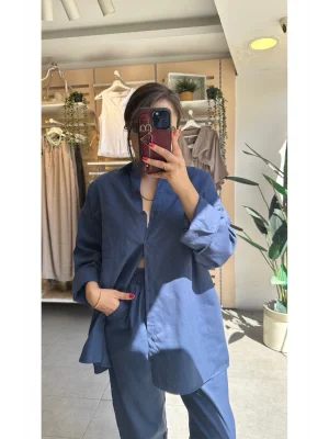 MetuCa Kadın Lacivert Gabardin Takım: Oversize Gömlek & Beli Lastikli Havuç Kesim Pantolon