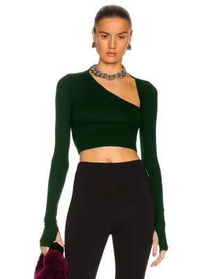 Kadın Zümrüt Yeşili Uzun Kol Ipek Jarse Crop Top
