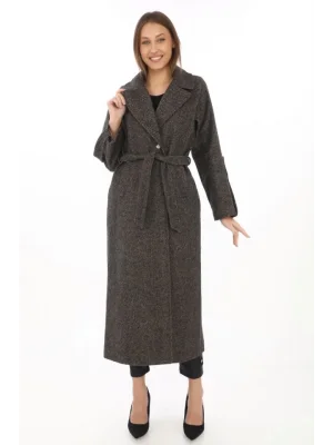 Kadın Kolu Apoletli Astarlı Kaşmir Kaşe Kaban - Füme