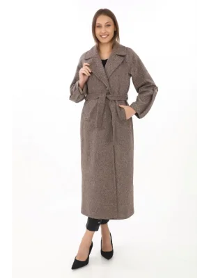 Kadın Kolu Apoletli Astarlı Kaşmir Kaşe Kaban - Vizon