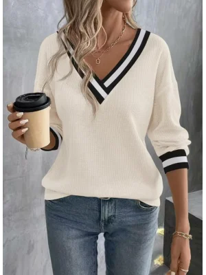 MetuCa Kadın Krem Çizgili V Yaka Düşük Omuz Uzun Kollu Waffle Kumaş Kazak Bluz