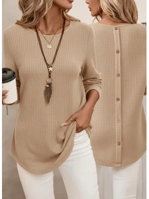 MetuCa Kadın Bej Uzun Kollu Sırtı Düğmeli Bisiklet Yaka Waffle Kumaş Bluz Tunik