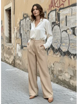 MetuCa Kadın Bej Yüksek Bel Pensli Palazzo Geniş Paça Dökümlü Dokuma Kumaş Pantolon