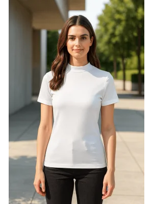 MetuCa Kadın Beyaz Balıkçı Yaka Likralı Pamuklu Vücudu Saran Basic Fit Tişört Bluz