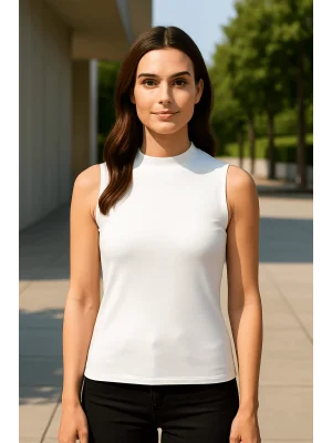 MetuCa Kadın Beyaz Balıkçı Yaka Sıfır Kol Likralı Pamuklu Vücudu Saran Basic Atlet Bluz