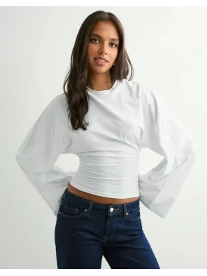 MetuCa Kadın Beyaz Yüksek Yaka Dramatik Geniş Kollu Vücudu Saran Dalgıç Kumaş Crop Bluz