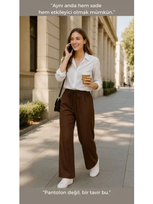 MetuCa Kadın Kahverengi Bol Paça Belmando Kumaş Beli Lastikli Pantolon - Yumuşak Doku Oversize Model