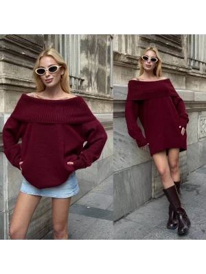 MetuCa Kadın Bordo Madonna Yaka Düşük Omuz Oversize Salaş Kalın Triko Kazak Elbise