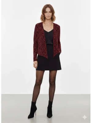 MetuCa Kadın Bordo Siyah Melanj Yakasız Oversize Model Triko Ceket Hırka