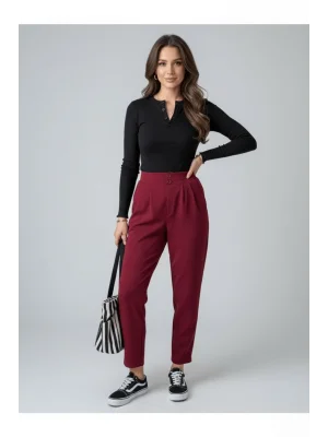 MetuCa Kadın Bordo Yüksek Bel Çift Düğmeli Pensli Havuç Kesim Esnek Krep Pantolon