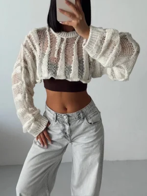 MetuCa Kadın Ekru Ajurlu Delikli Örgü Balon Kol Uzun Kollu Süper Crop Triko Kazak Bolero Bluz