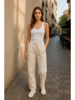 MetuCa Kadın Yüksek Bel Beli Lastikli ve Bağcıklı Cepli Gabardin Palazzo Pantolon - Ekru