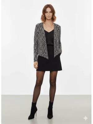 MetuCa Kadın Gri Melanj Tüvit Görünümlü Yakasız Oversize Model Düğmesiz Triko Ceket Hırka