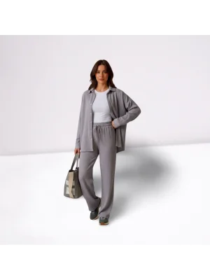 MetuCa Kadın Gri Pamuk Bürümcük Takım Gömlek ve Beli Lastikli Geniş Paça Pantolon