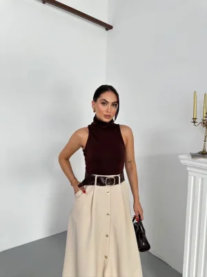 MetuCa Kadın Kahve Bej Balıkçı Yaka Elbise Sandy Üst ve Cepli Düğmeli Kloş Dokuma Etek