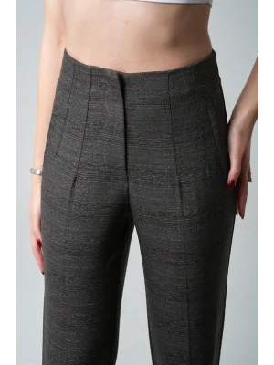 MetuCa Kadın Kahve Kareli Yüksek Bel Pens Detaylı Havuç Kesim Kumaş Pantolon