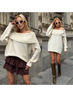 MetuCa Kadın Krem Madonna Yaka Düşük Omuz Oversize Salaş Kalın Triko Kazak Elbise