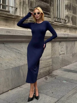 MetuCa Kadın Lacivert Bisiklet Yaka Parmak Geçmeli Uzun Kollu Sandy Kumaş Midi İçlik Elbise