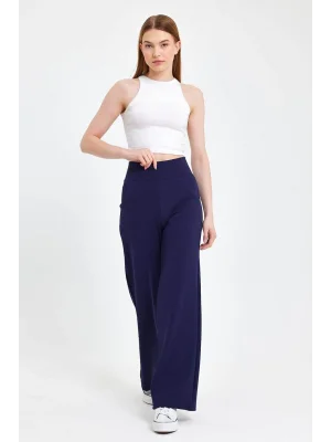 MetuCa Kadın Lacivert Korsaj Yüksek Bel Cepli Palazzo Geniş Paça Krep Kumaş Pantolon