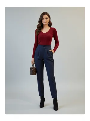 MetuCa Kadın Lacivert Yüksek Bel Çift Düğmeli Pensli Havuç Kesim Esnek Krep Pantolon