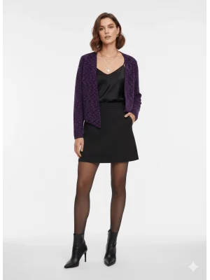 MetuCa Kadın Mor Siyah Melanj Yakasız Oversize Model Düğmesiz Triko Ceket Hırka