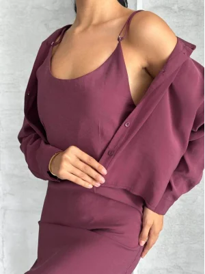 MetuCa Kadın Mürdüm Dokuma Kumaş Crop Gömlek ve U Yaka Askılı Uzun Elbise İkili Takım