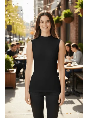 MetuCa Kadın Siyah Balıkçı Yaka Sıfır Kol Likralı Pamuklu Vücudu Saran Basic Atlet Bluz