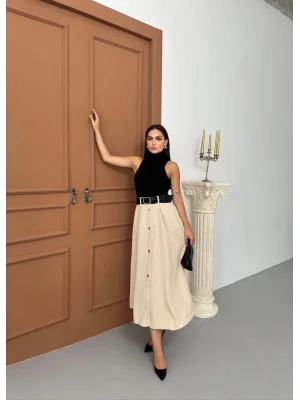 MetuCa Kadın Siyah Bej Balıkçı Yaka Elbise Sandy Üst ve Cepli Düğmeli Kloş Dokuma Etek