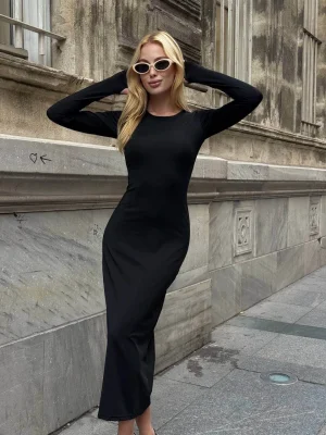 MetuCa Kadın Siyah Bisiklet Yaka Parmak Geçmeli Uzun Kollu Sandy Kumaş Midi İçlik Elbise