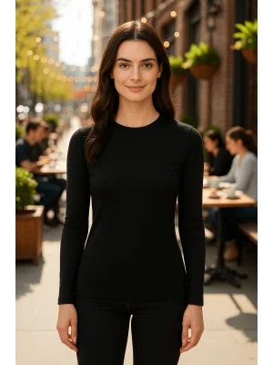 MetuCa Kadın Siyah Bisiklet Yaka Uzun Kollu Likralı Pamuklu Vücudu Saran Basic Badic Bluz