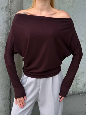 MetuCa Kadın Kahverengi Düşük Omuz Kayık Yaka Drapeli Uzun Kollu Vücudu Saran Bluz