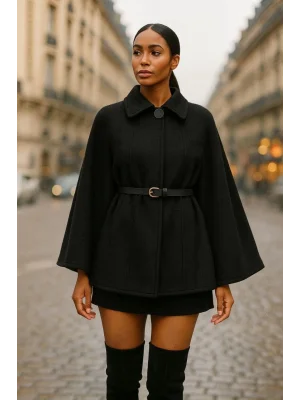 MetuCa Kadın Siyah Gömlek Yaka Düğmeli Kemerli Oversize Kaşe Kumaş Pelerin Panço Ceket Kaban