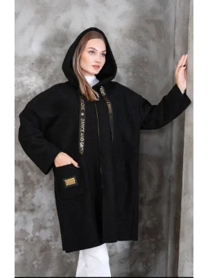 MetuCa Kadın Siyah Kapüşonlu Fermuarlı Cepli Oversize Buklet Kaban Mont Hırka