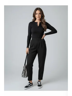 MetuCa Kadın Siyah Yüksek Bel Çift Düğmeli Pensli Havuç Kesim Esnek Krep Pantolon