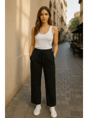 MetuCa Kadın Yüksek Bel Beli Lastikli ve Bağcıklı Cepli Gabardin Palazzo Pantolon - Siyah