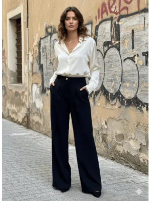 MetuCa Kadın Siyah Yüksek Bel Pensli Palazzo Geniş Paça Kumaş Pantolon