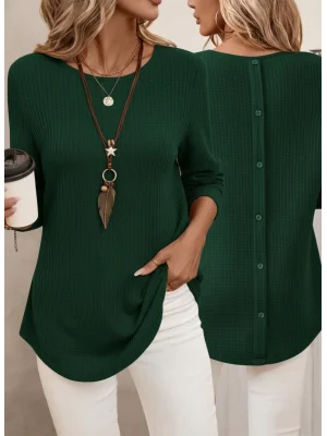 MetuCa Kadın Yeşil Uzun Kollu Sırtı Düğmeli Bisiklet Yaka Waffle Kumaş Bluz Tunik
