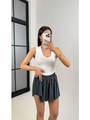 MetuCa Kadın Yüksek Bel Beli Lastikli ve Bağcıklı Pileli Rahat Kesim Şort Etek - Antrasit