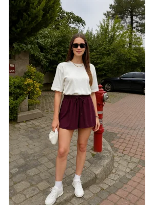 MetuCa Kadın Yüksek Bel Beli Lastikli ve Bağcıklı Pileli Rahat Kesim Şort Etek - Bordo