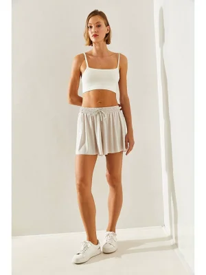 MetuCa Kadın Yüksek Bel Beli Lastikli ve Bağcıklı Pileli Rahat Kesim Şort Etek - Taş