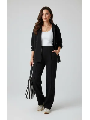 MetuCa Kadın Siyah Takım Kapüşonlu Fermuarlı Ceket ve Önü Çizgili Palazzo Pantolon