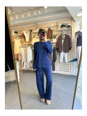 MetuCa Kadın Lacivert Pike Modal Kumaş Takım Dökümlü Bluz ve Geniş Paça Palazzo Pantolon