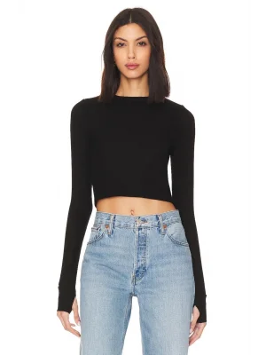 Siyah Uzun Kol Basic Çift Kat Ipek Jarse Crop Top