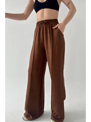 MetuCa Sofia Kadın Kahve Yüksek Bel Beli Lastikli Dökümlü Keten Palazzo Pantolon