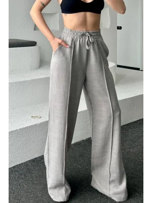 MetuCa Sofia Kadın Gri Yüksek Bel Beli Lastikli Dökümlü Keten Palazzo Pantolon