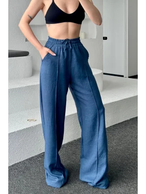 MetuCa Sofia Kadın İndigo Yüksek Bel Beli Lastikli Dökümlü Keten Palazzo Pantolon