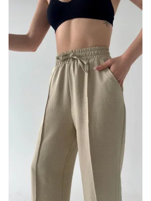 MetuCa Sofia Kadın Bej Yüksek Bel Beli Lastikli Dökümlü Keten Palazzo Pantolon